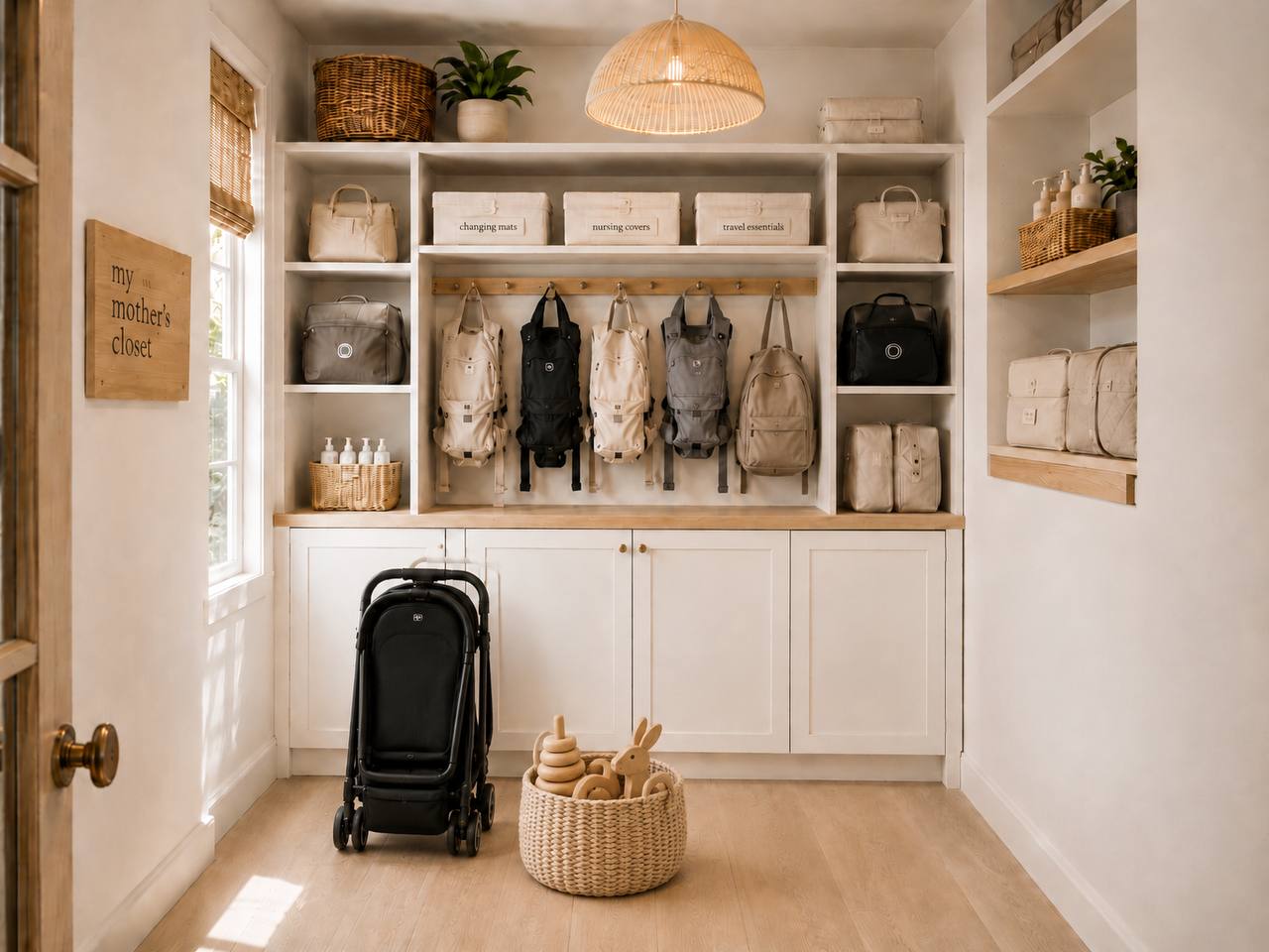 My Mother's Closet — organized shelves with diaper bags, strollers, nursing covers, and baby essentials to borrow