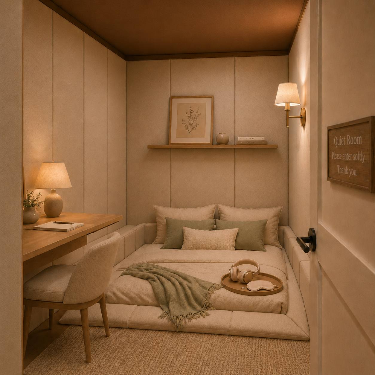 The Quiet Room — a private room with a daybed, warm light, and a desk for rest or focus